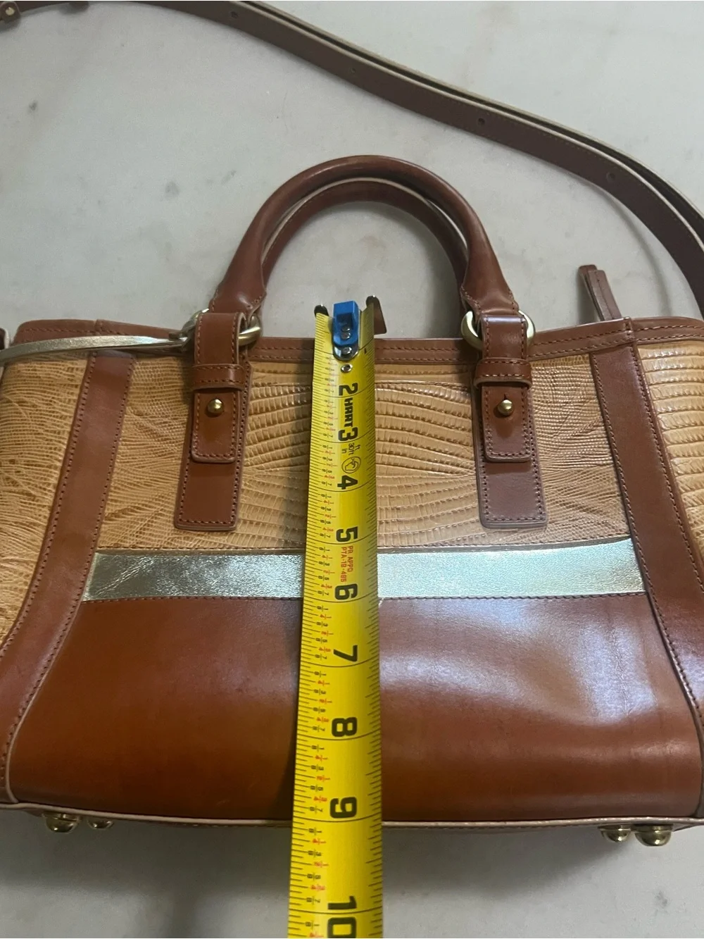 Brahmin Medium Arno Zip Top Tote Bag  Tan Beaumont With Metallic Gold Accents